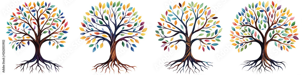 Manifest creation and watercolor, A series of four artistic trees with vibrant, colorful leaves and intricate roots, showcasing a blend of nature and creativity. Manifest creation and watercolor, A series of four artistic trees with vibrant, colorful leaves and intricate roots, showcasing a blend of nature and creativity.