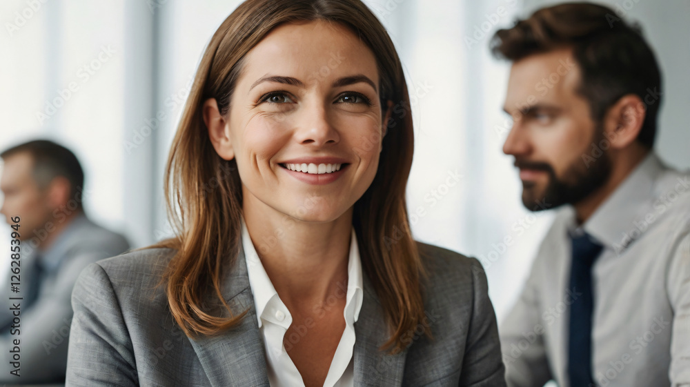 A professional woman in a business suit smiling confidently amidst a modern office environment, with colleagues. A professional woman in a business suit smiling confidently amidst a modern office environment, with colleagues.