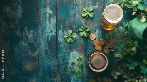 St. Patrick's Day Celebration with Beer, Clover Leaves, and Gold Coins on a Rustic Wooden Table