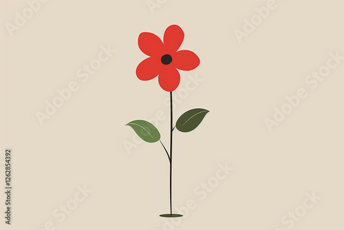 Red flower blooming with green leaves on beige background