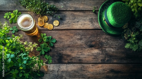 Festive St. Patrick’s Day composition with a leprechaun hat, a glass of beer, shamrocks, and gold coins on a rustic wooden surface.