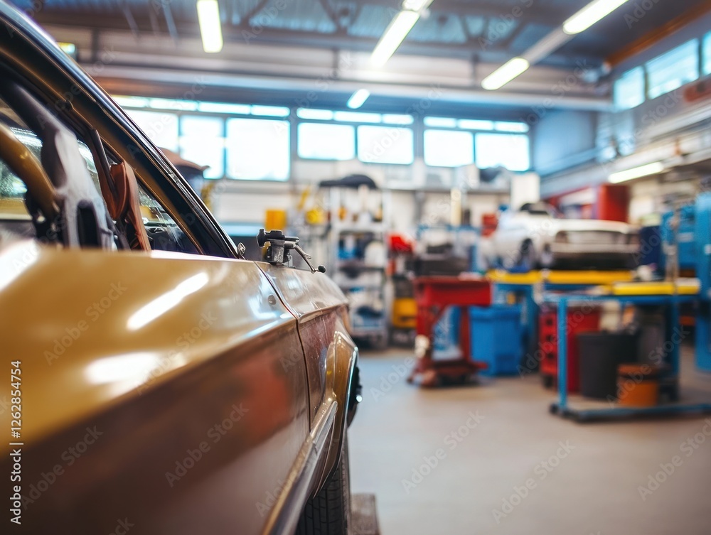 Classic car in a bustling auto repair shop, showcasing tools and vehicles in the background, emphasizing a dynamic automotive environment Classic car in a bustling auto repair shop, showcasing tools and vehicles in the background, emphasizing a dynamic automotive environment
