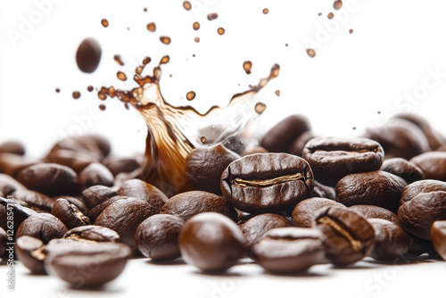 Roasted coffee beans splashing in delicious coffee isolated on white backgroun