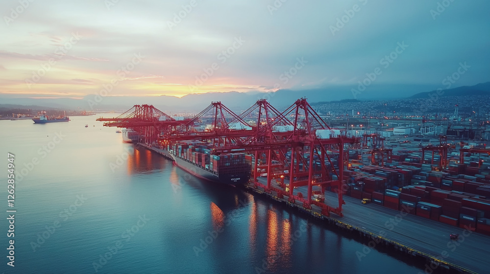 Obraz premium Container truck in ship port for business Logistics and transportation of Container Cargo ship and Cargo plane with working crane bridge in shipyard at sunrise, logistic import export and transport