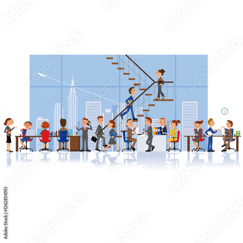 オフィス街が見える大きな窓のあるビルで働くビジネスシーン