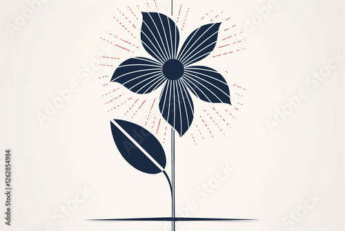 Stylized flower with red rays growing from horizontal line