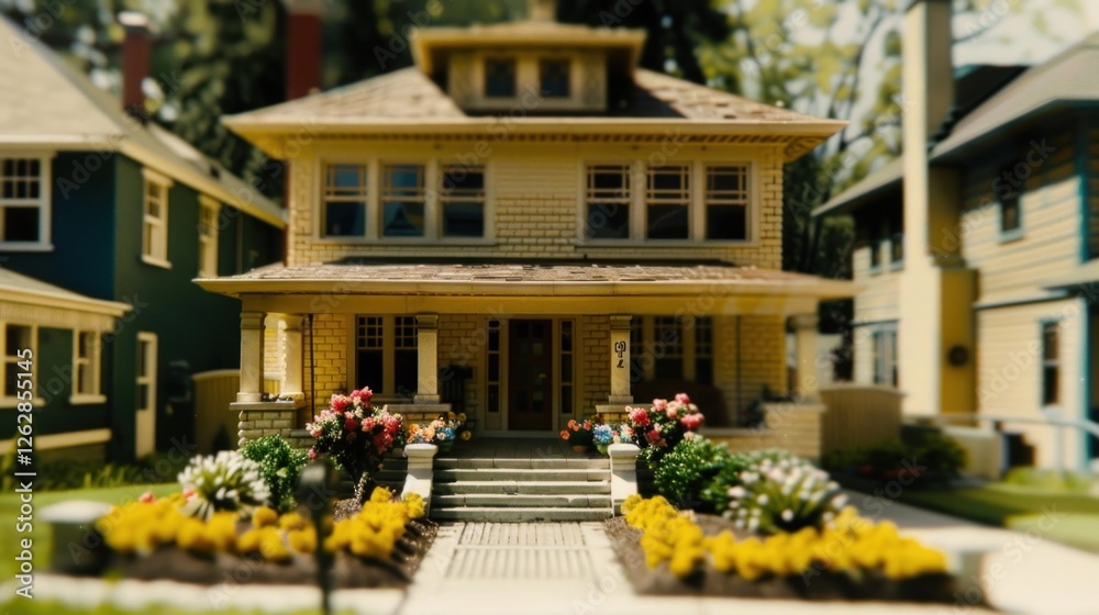 Fototapeta premium view of the house decorated with flower plants