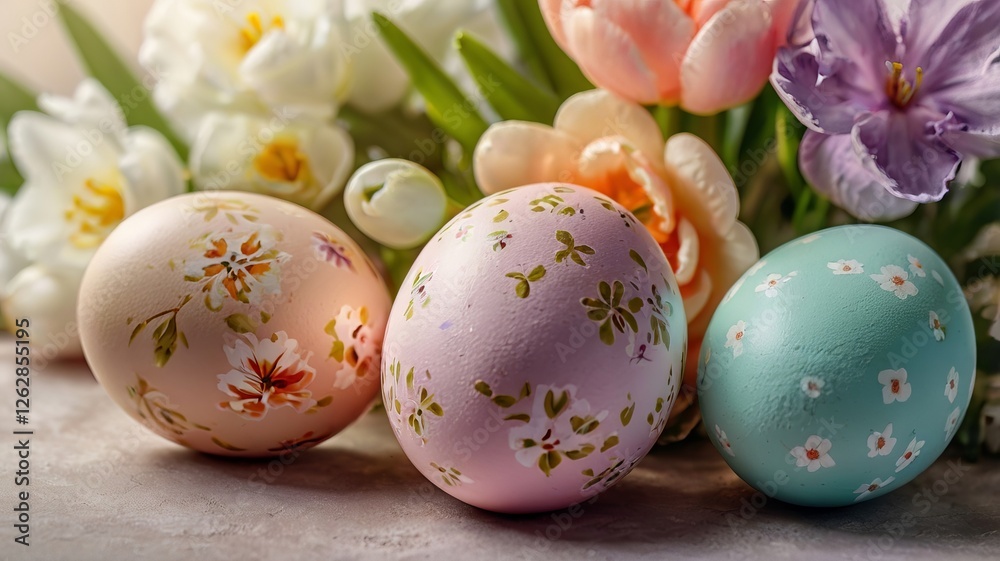 Obraz premium Easter Eggs and Spring Flowers on a Pastel Background
