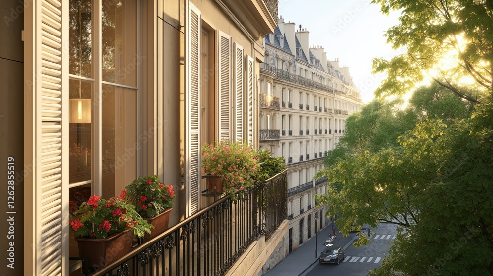 Obraz premium High Angle Parisian Apartment Building View with Balcony Flowers and City Street