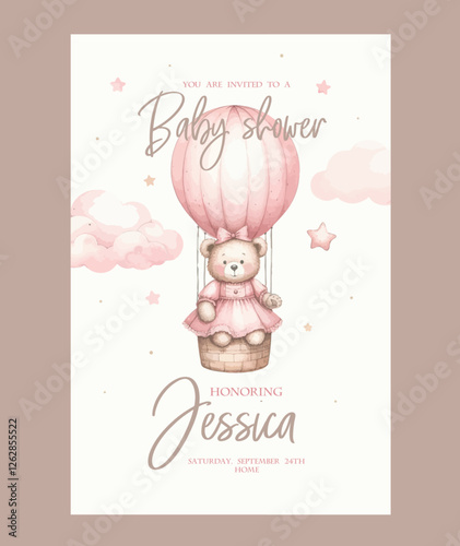 Watercolor baby shower invitation. Greeting card with teddy bear girl on Hot Air Balloon.
