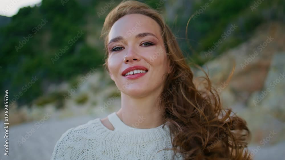 Vacation lady recording video nature beauty on retro camera closeup. Happy woman