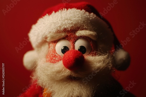 Close-up Santa doll; Festive red background. Possible use Christmas card design photo