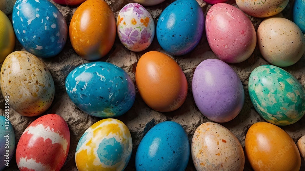 Fototapeta premium Close-up of Brightly Colored Easter Eggs on a Rustic Stone Surface