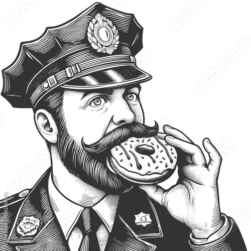 policeman biting into a donut, combining humor and nostalgia in a detailed vintage illustration style sketch engraving generative ai vector illustration. Scratch board imitation. Black and white image