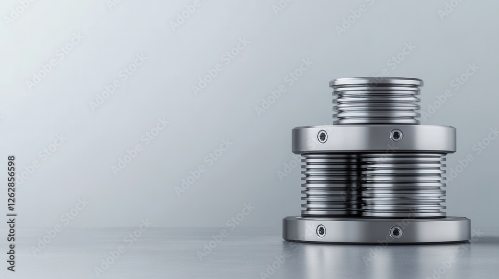 Metallic mechanical components stacked on a smooth surface with a minimalist backdrop and soft lighting effect Metallic mechanical components stacked on a smooth surface with a minimalist backdrop and soft lighting effect