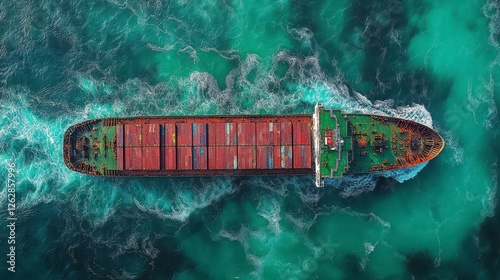 Container ship sailing ocean; aerial view