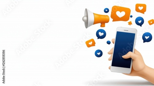 Dynamic social media marketing concept with a smartphone device and various digital messaging and social interaction icons and symbols  Represents the ever evolving world of online marketing photo