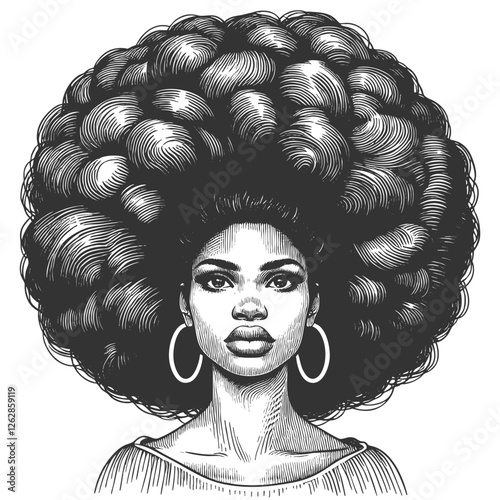 woman with a voluminous afro hairstyle and hoop earrings, exuding strength, beauty, and vintage artistic elegance sketch engraving generative ai vector illustration. Scratch board. Black and white.