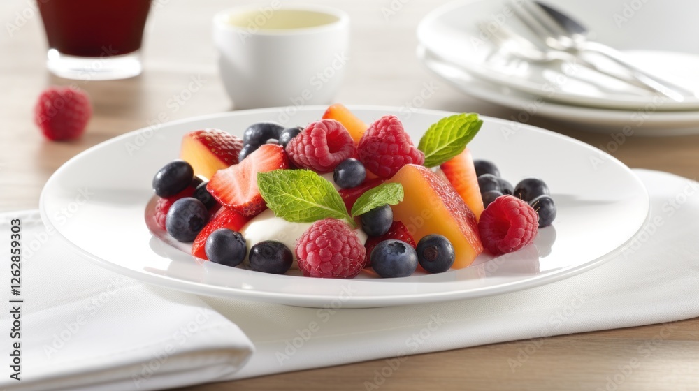 Fresh and Colorful Fruit Salad with Mixed Berries and Mint Garnish on a White Plate Fresh and Colorful Fruit Salad with Mixed Berries and Mint Garnish on a White Plate