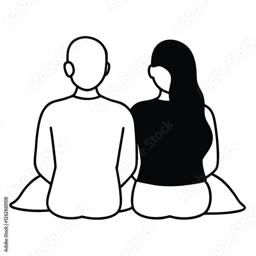 A clean line art design depicting a couple sitting together with their backs to the viewer 