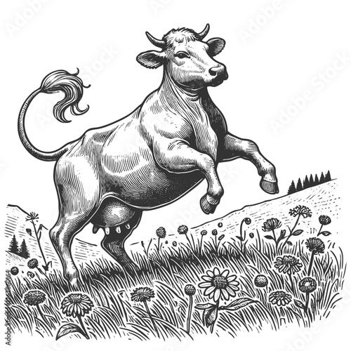 joyful cow leaping through a meadow filled with flowers, rural charm with a whimsical and vintage illustration style sketch engraving generative ai vector illustration. Scratch board. Black and white.