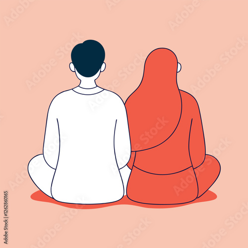 A clean line art design depicting a couple sitting together with their backs to the viewer 