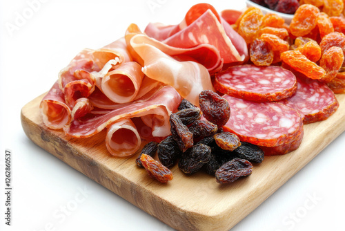 A delightful platter of assorted cured meats and dried fruits on a wooden board.