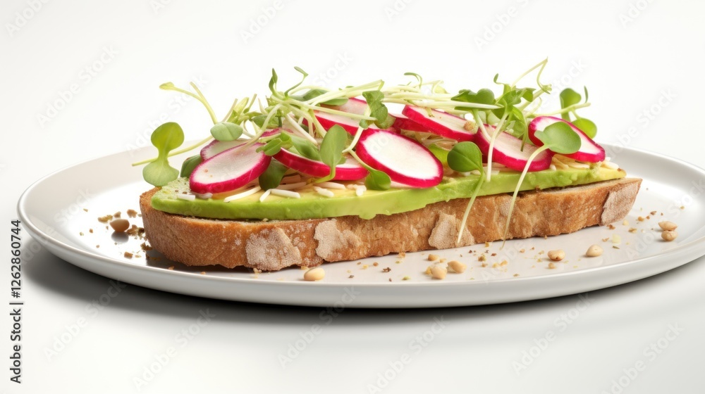 Colorful Bowl of Avocado Toast with Fresh Radishes and Microgreens on a Clean Plate Colorful Bowl of Avocado Toast with Fresh Radishes and Microgreens on a Clean Plate