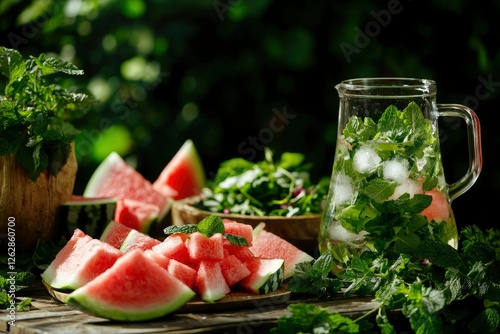 Watermelon and Mint Refreshment on Wooden Table photo