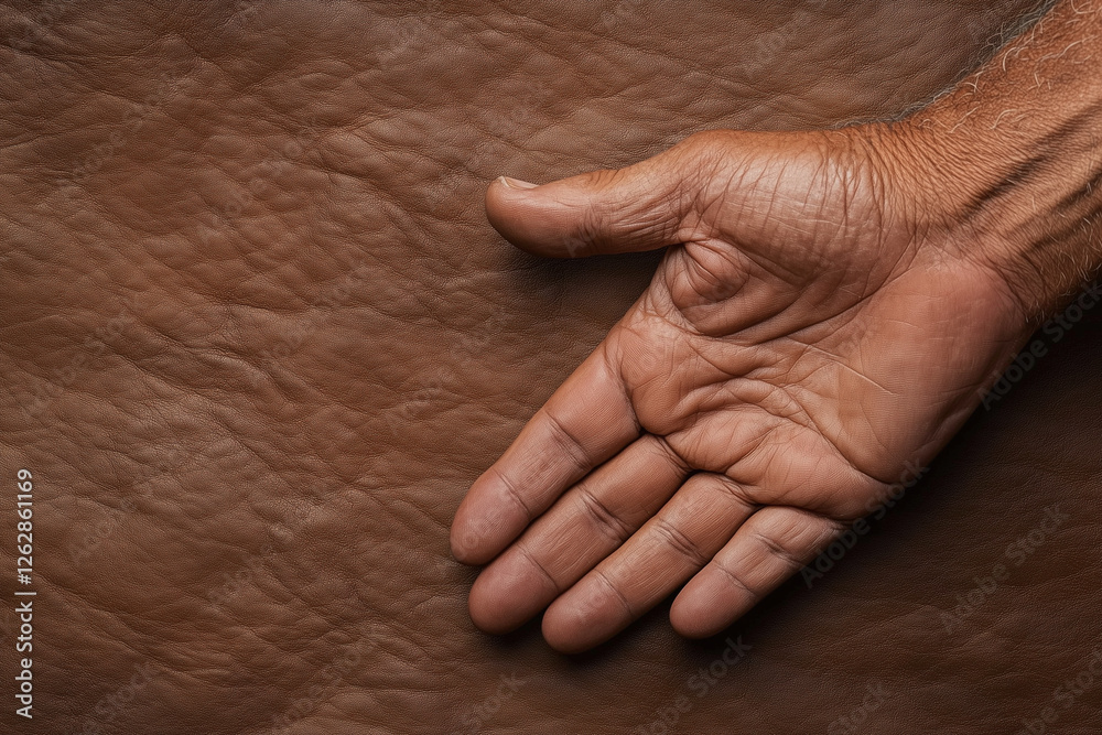 Fototapeta premium close up of human hand resting on textured brown surface, conveying warmth and openness.