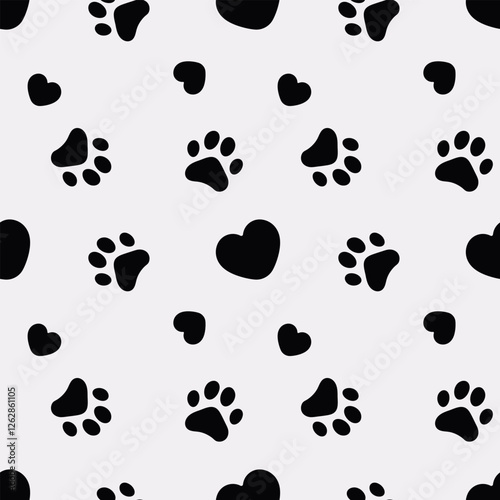 Cat footprint Seamless pattern. Cat paw print seamless pattern. Cat footprint and heart endless pattern. Cat print trail repeating pattern