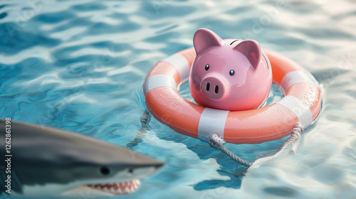 A playful piggy bank floats in water, symbolizing savings and financial security amidst a dramatic shark backdrop. emergency savings.