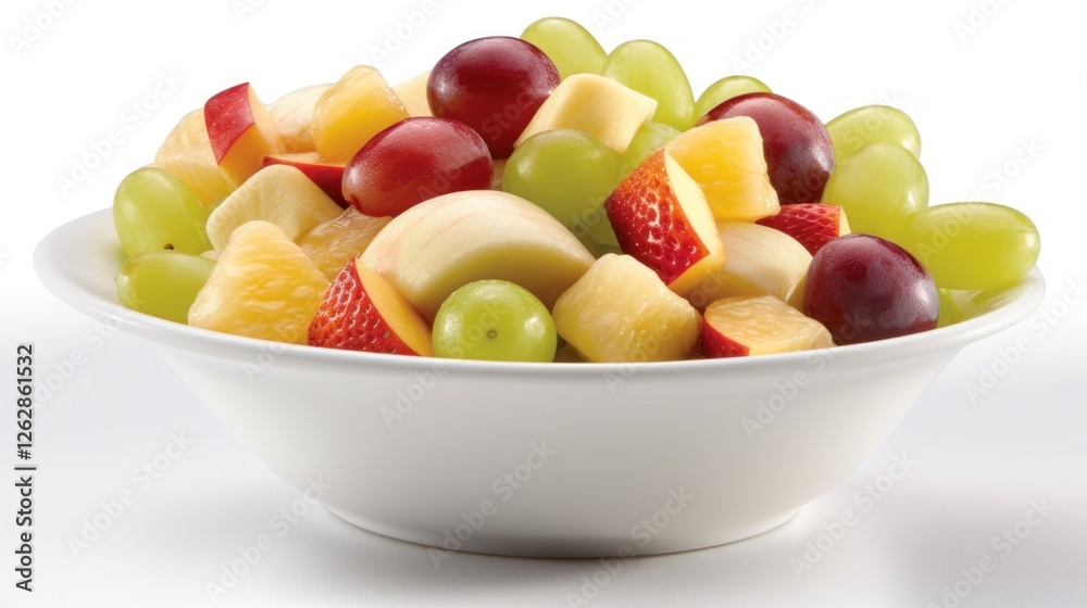 Fresh and Colorful Fruit Salad with Vibrant Apples, Grapes, Pineapple, and Melon in a White Bowl Fresh and Colorful Fruit Salad with Vibrant Apples, Grapes, Pineapple, and Melon in a White Bowl