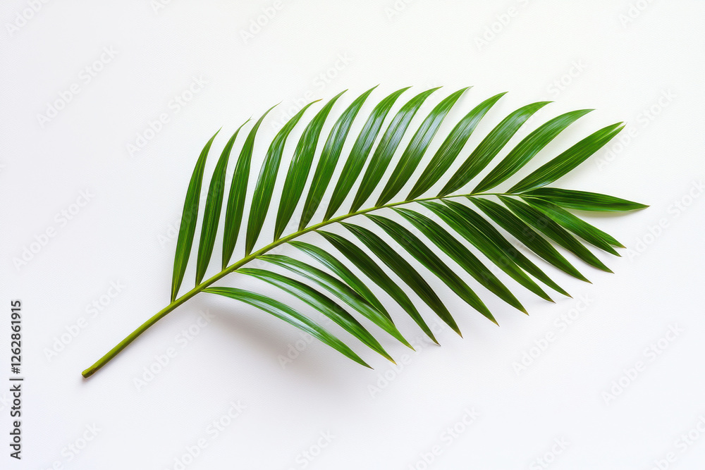 Obraz premium A vibrant green palm leaf showcasing intricate details against a white background. isolated on white background.