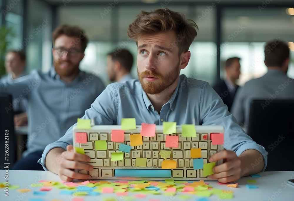 Fototapeta premium A young office worker sits at his desk, looking confused as he lifts his keyboard, revealing colorful sticky notes covering every key. The background shows a modern office with colleagues laughing.