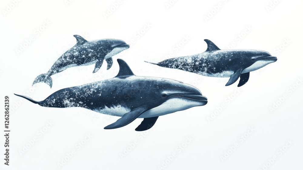 Fototapeta premium Big whales aquatic mammal cretures isolated on white background. Dolphin swimming illustration, whales marine design. Wild nature aquatic animals. 