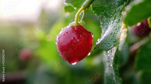 A vibrant red cherry hanging with droplets on lush green leaves.