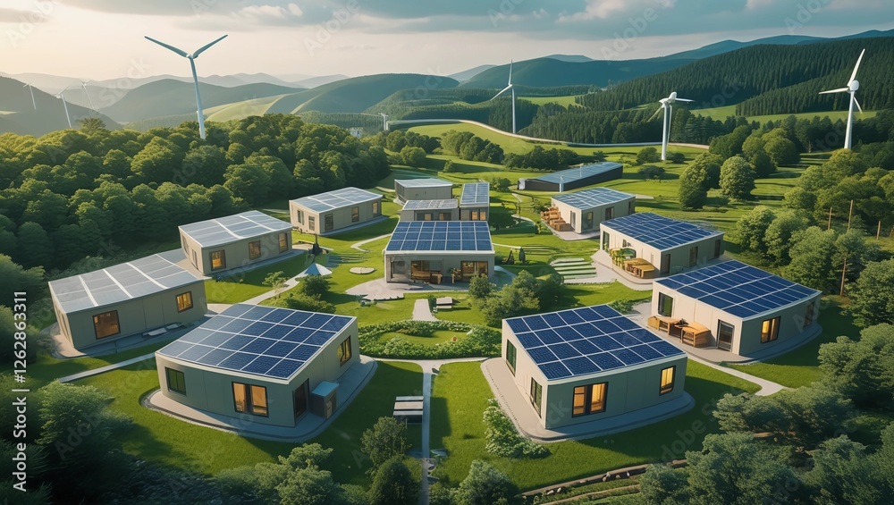 custom made wallpaper toronto digitalConcept art of a self-sustaining eco-village with modular homes powered by solar energy, surrounded by lush forests and wind turbines. A perfect depiction of green living and renewable energy