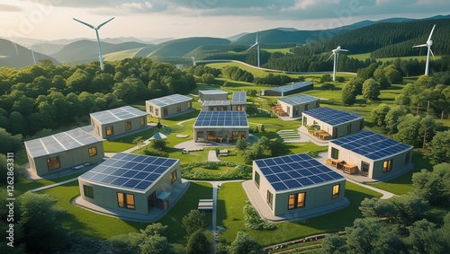 Wallpaper Mural Concept art of a self-sustaining eco-village with modular homes powered by solar energy, surrounded by lush forests and wind turbines. A perfect depiction of green living and renewable energy Torontodigital.ca