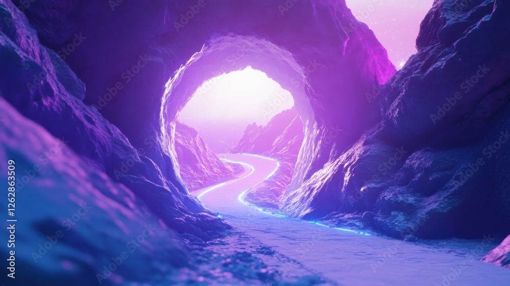 Naklejka premium 3D render, an abstract futuristic background with neon light rays and a tunnel of lights in purple, pink, and blue colors.