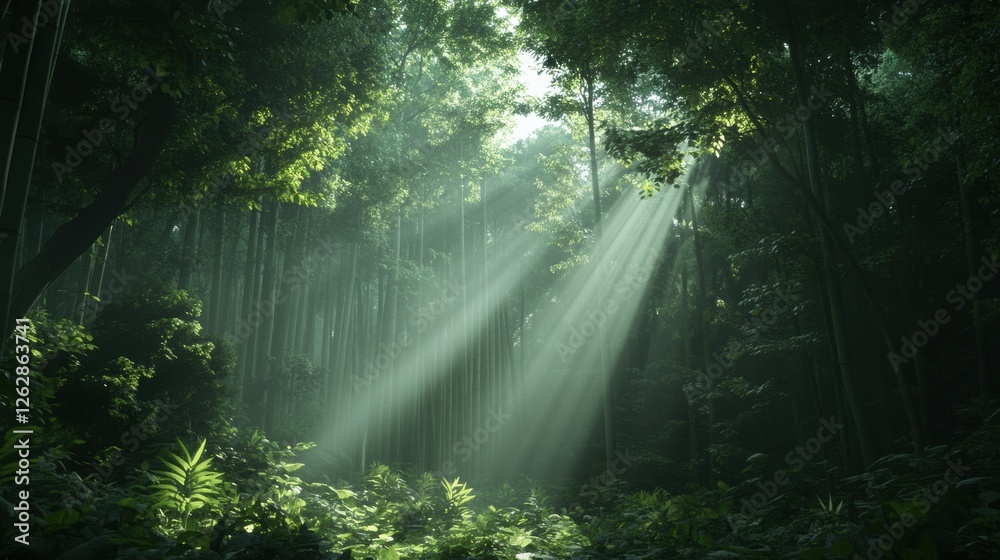 A peaceful bamboo forest with tall, green stalks reaching towards the sky. Sunlight filters through the dense leaves, casting a soft glow on the forest floor, evoking calmness and balance A peaceful bamboo forest with tall, green stalks reaching towards the sky. Sunlight filters through the dense leaves, casting a soft glow on the forest floor, evoking calmness and balance