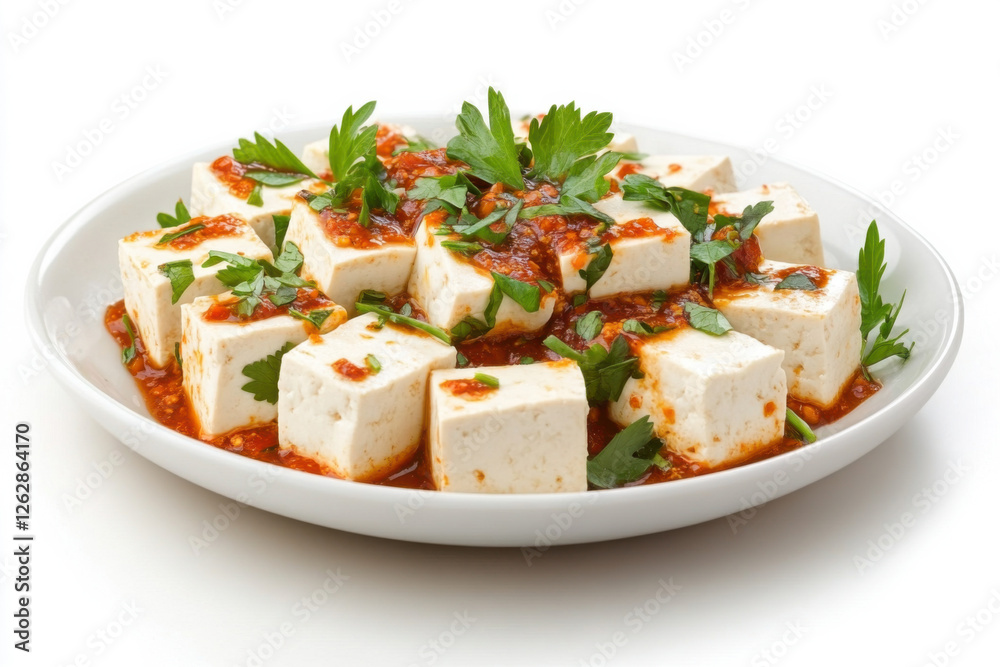 Delicious tofu cubes garnished with herbs and spicy sauce on a white plate. isolated on white background. Delicious tofu cubes garnished with herbs and spicy sauce on a white plate. isolated on white background.