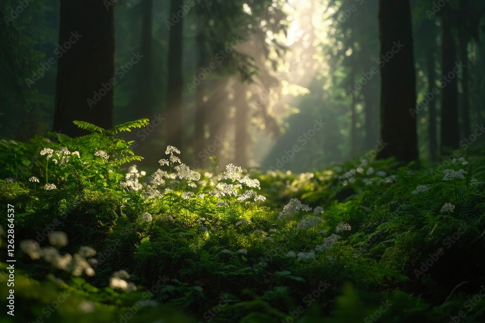 Obraz premium Sunlight streams through misty forest floor wildflowers