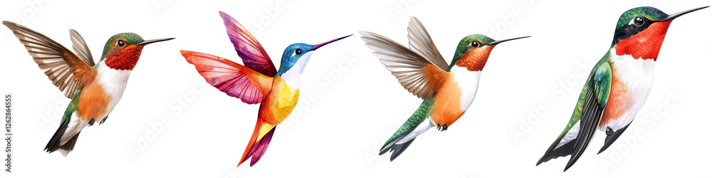 Manifest creation and watercolor, Vibrant hummingbirds in various poses, showcasing their colorful plumage and intricate wing patterns. Manifest creation and watercolor, Vibrant hummingbirds in various poses, showcasing their colorful plumage and intricate wing patterns.