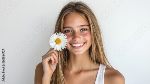 Young Woman Smiling While Holding Flower Near Her Face