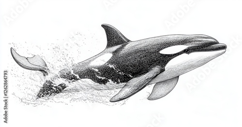 Detailed Black And White Drawing Of Large Marine Mammal Leaping From Water With Splashing Effects With Artistic Style and Line Art Illustration Of Ocean Creature And Wildlife. Illustration Of Killer photo