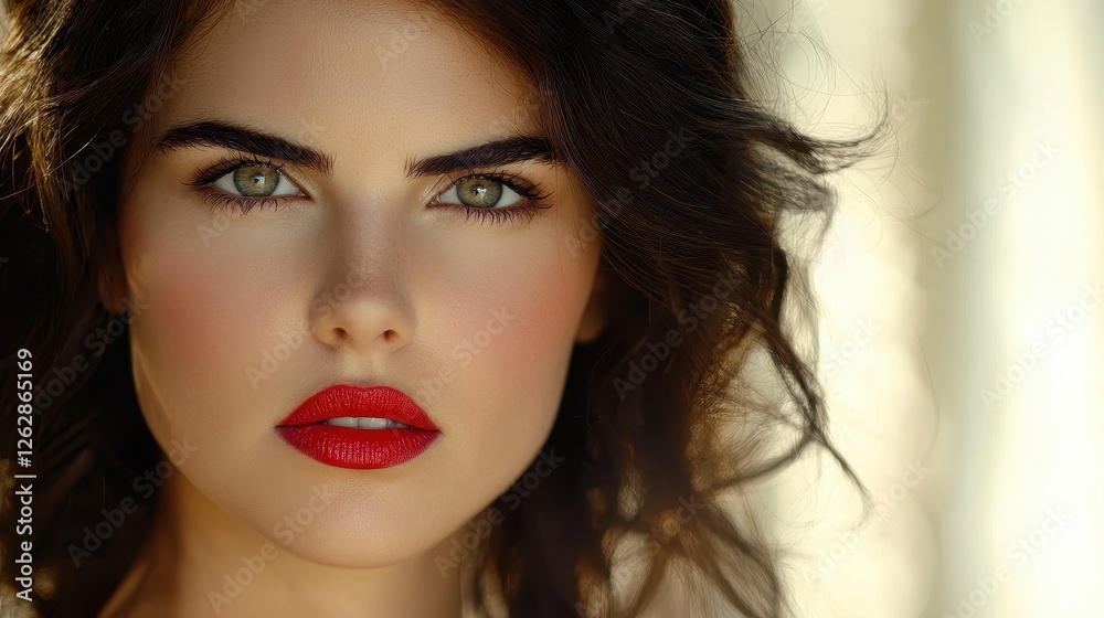 Captivating woman with red lipstick and mysterious expression Captivating woman with red lipstick and mysterious expression