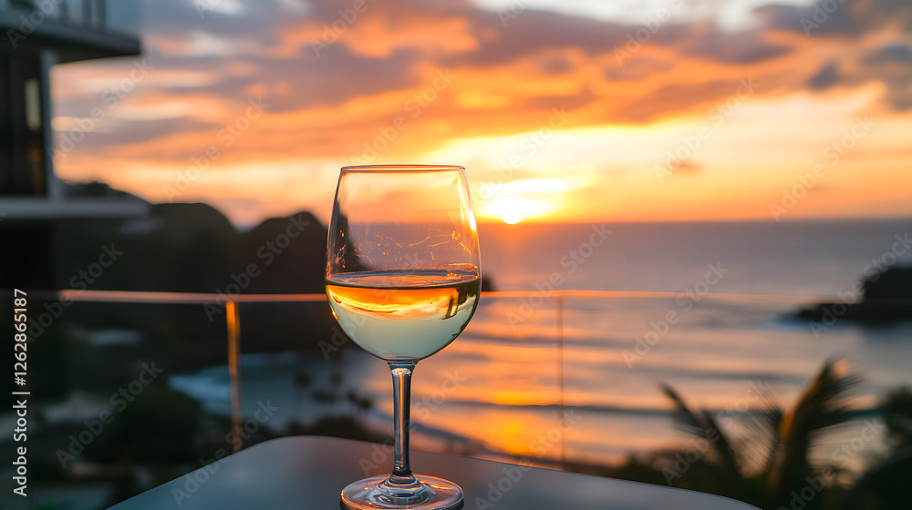 Obraz premium A glass of white wine on the balcony overlooking an ocean sunset 
