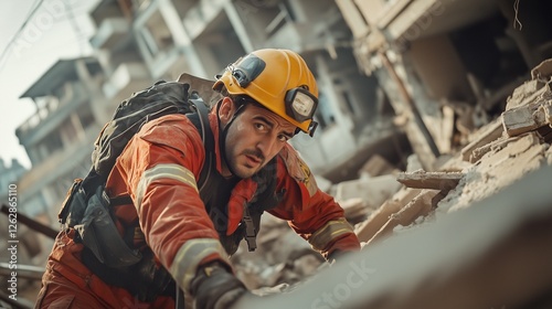 Man in an orange safety vest standing in front destroyed building. Rescue service is assisting the victims of the earthquake in turkey. A generation of natural ai is destroying disaster. Lifestyle.