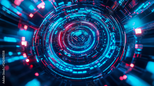 Wallpaper Mural Futuristic Portal: Circular Tech Interface with Glowing Blue and Red Data Streams Torontodigital.ca
